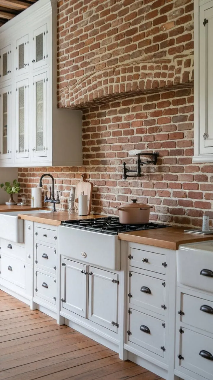 This kitchen artfully combines rustic brick and sleek white cabinets, crafting a cozy yet sophisticated atmosphere that celebrates comfortable living through its charming details.