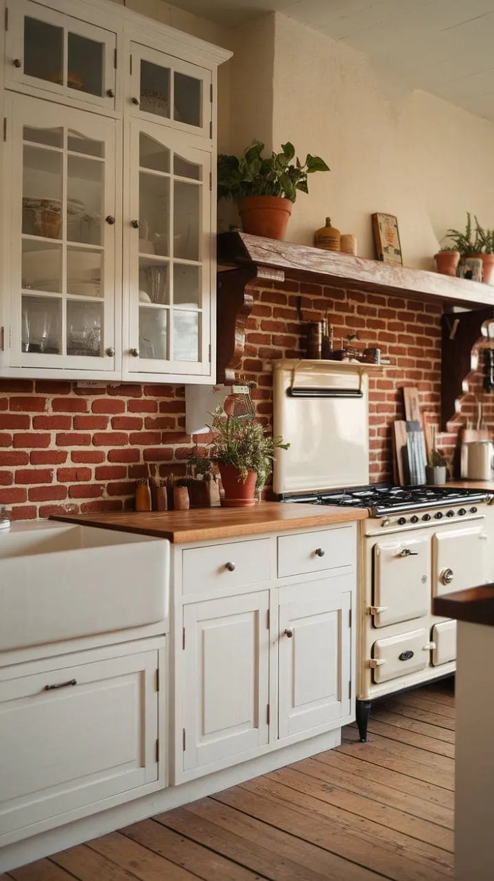 In this inviting farmhouse kitchen, the warm contrast of white cabinets and rustic red brick, paired with a vintage stove and flourishing plants, creates an unmistakable sense of home.