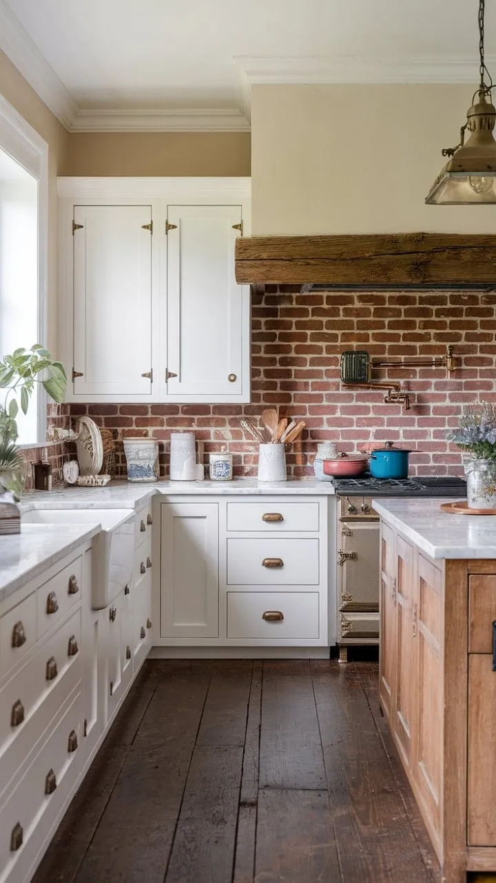 In this inviting farmhouse kitchen, the harmonious blend of red brick, creamy cabinets, and rustic accents creates a warm and welcoming atmosphere that feels like home.