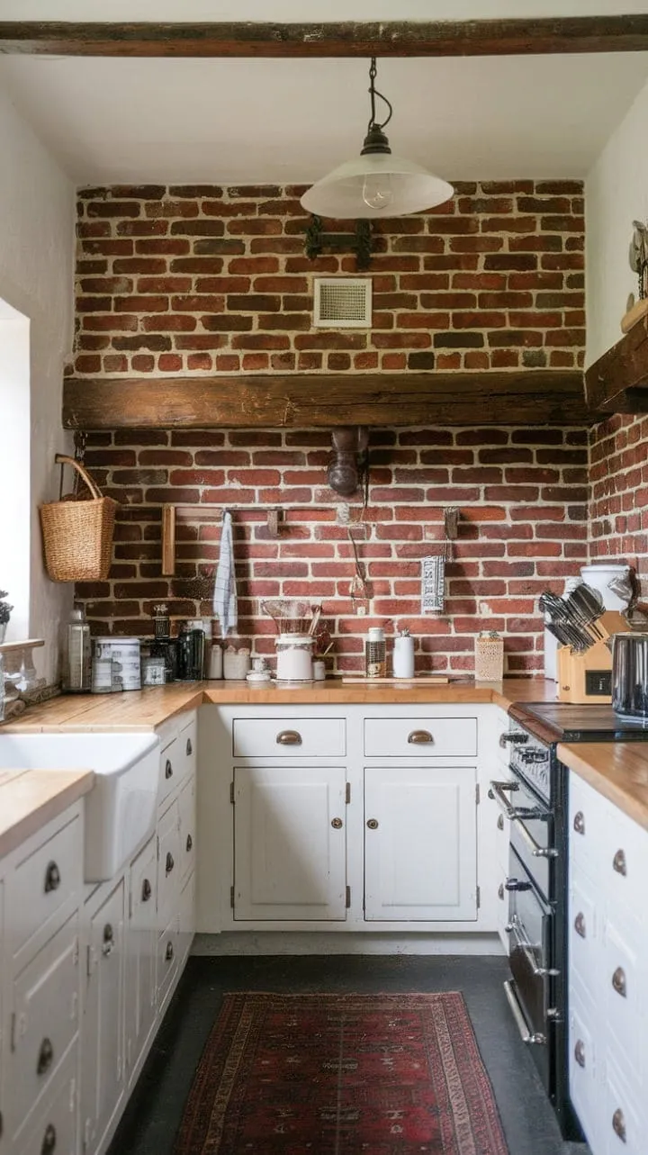 This kitchen artfully combines rich red brick, crisp white cabinetry, and rustic wooden beams to create a luxurious yet inviting atmosphere.