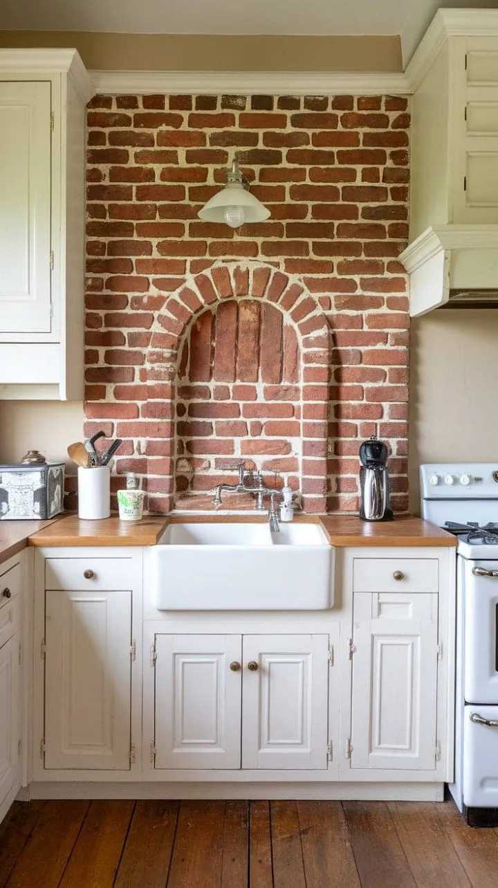 This charming kitchen, where cozy evenings and delicious meals intertwine, blends a classic white palette with rich red brick, radiating timeless warmth and heartfelt detail.