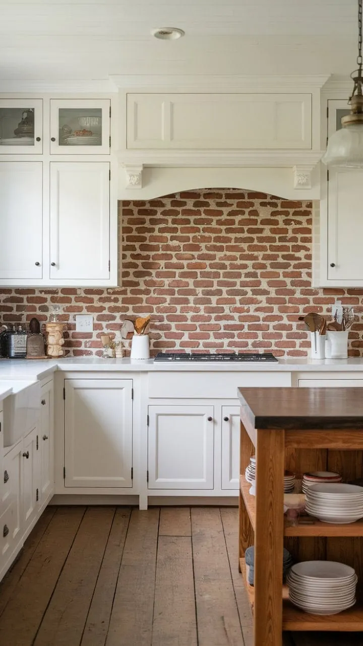 In this farmhouse kitchen, a DIY red brick backsplash and vintage light fixture blend rustic charm with modern convenience, creating a cozy and inviting atmosphere.