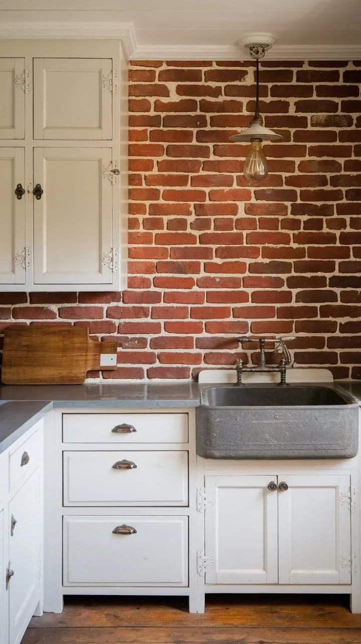 This stunning kitchen harmoniously combines a striking red brick backsplash, vintage details, and warm wooden accents to create a beautiful and functional heart of the home.