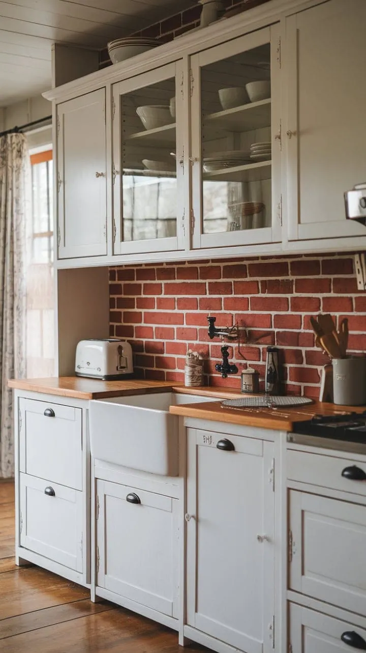 This farmhouse kitchen beautifully fuses rustic charm with modern convenience, featuring a warm red brick backsplash alongside sleek white cabinets and a stylish black faucet.