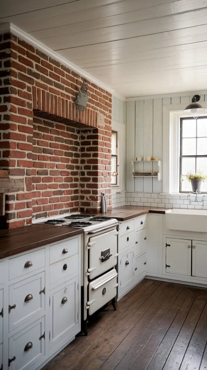 In this farmhouse kitchen, rustic charm and modern functionality blend seamlessly, featuring rich dark wood countertops, a striking red brick backsplash, and vintage accents that tell a story of timeless elegance.