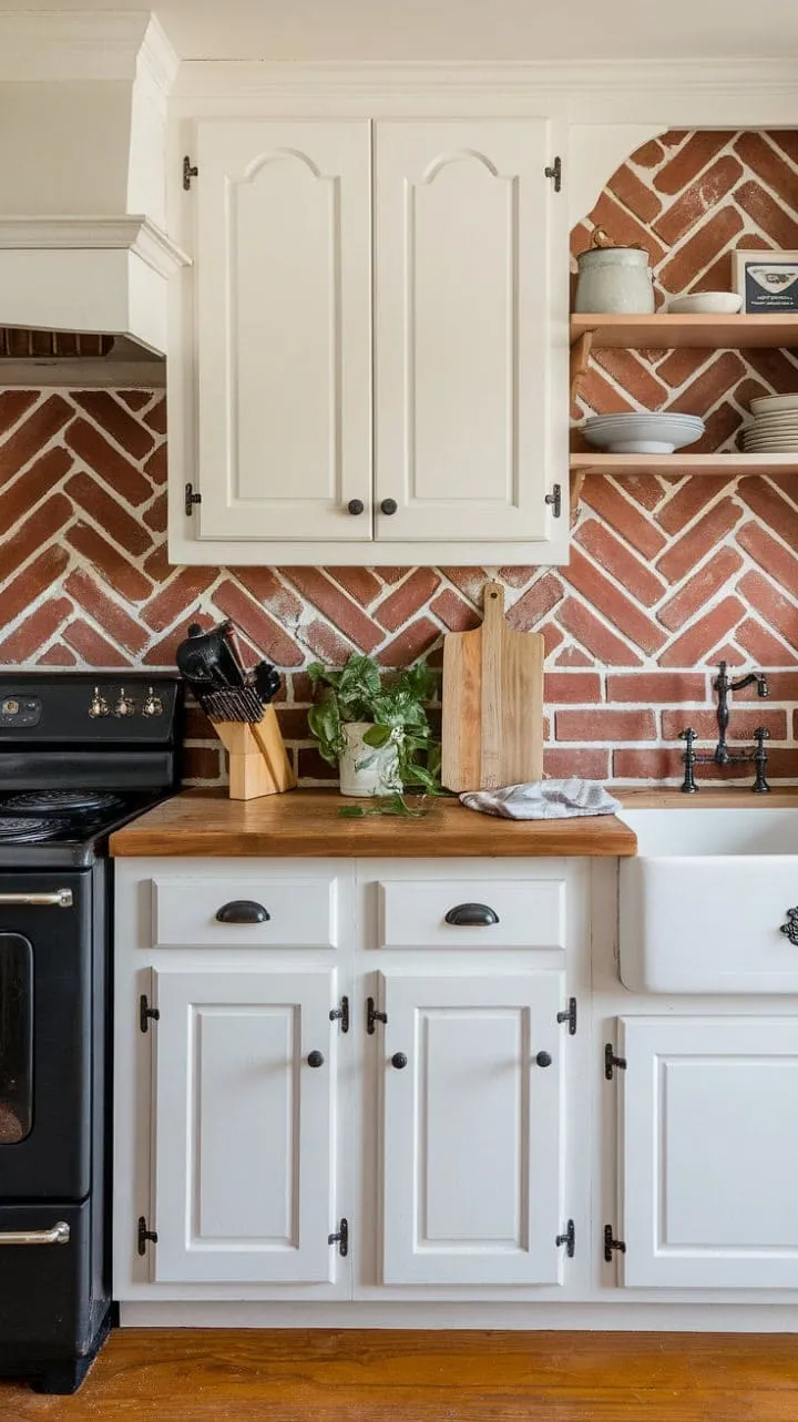This farmhouse kitchen beautifully blends rustic charm with modern convenience, featuring a DIY herringbone brick backsplash that adds warmth to the sleek white cabinets and wooden countertops.
