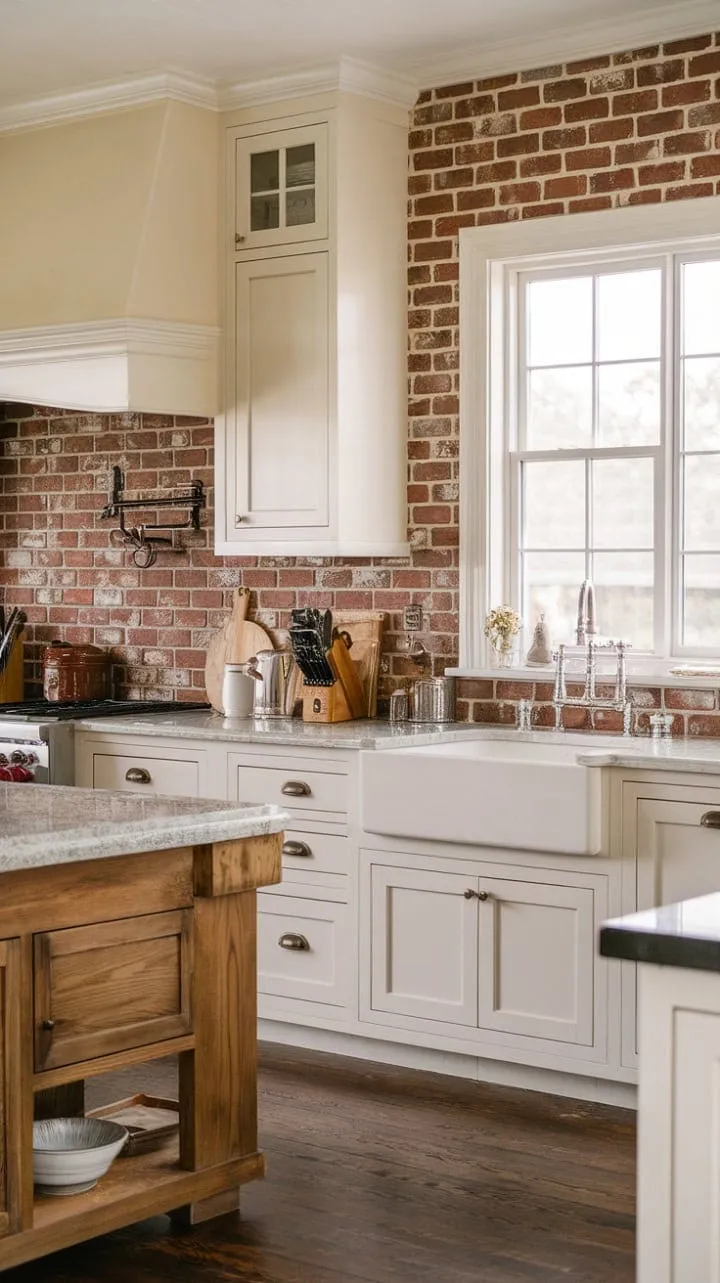 This farmhouse kitchen, adorned with white cabinets and a weathered red brick backsplash, serves as a rustic yet elegant gathering place, where cherished memories are crafted around a stunning granite-topped wooden island.