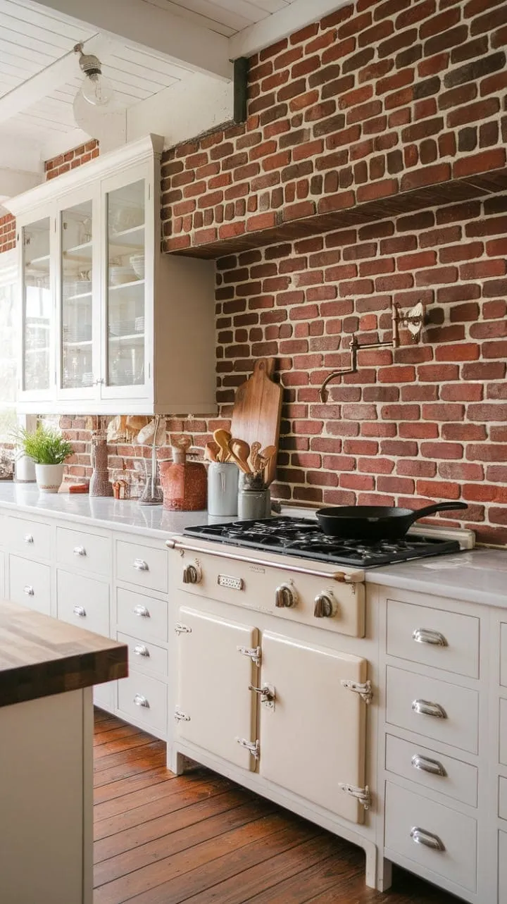 This farmhouse kitchen exudes charm with its DIY red brick backsplash, vintage light fixture, and cast iron skillet, creating a warm and inviting atmosphere that celebrates handcrafted details.