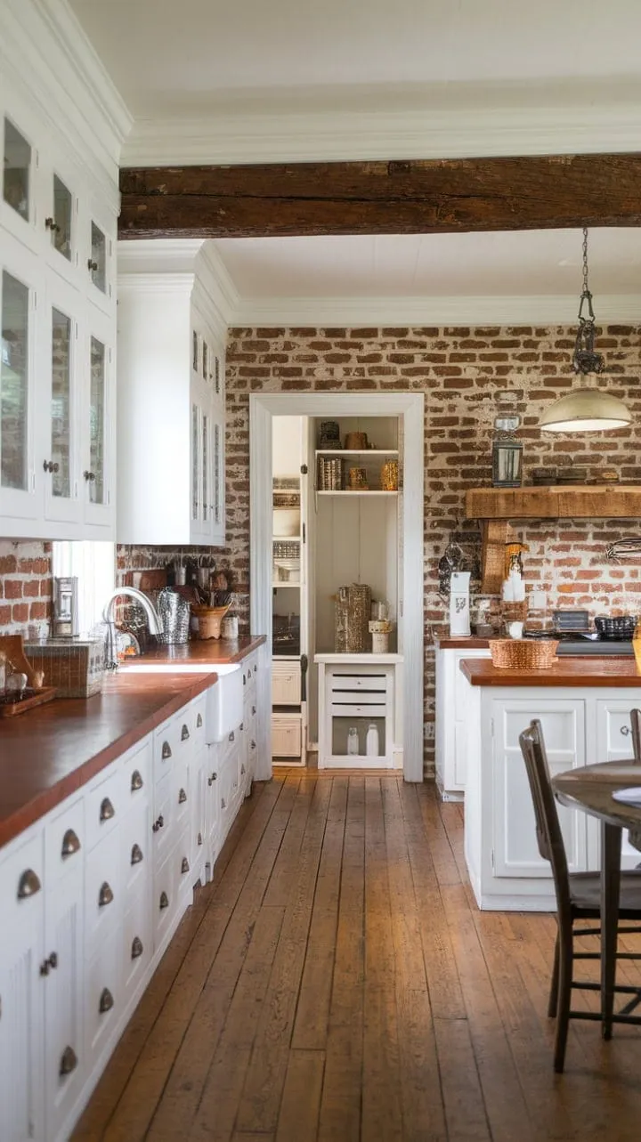 This farmhouse kitchen beautifully fuses rustic charm with modern convenience, featuring an inviting exposed brick backsplash and vintage lighting alongside sleek white cabinets.