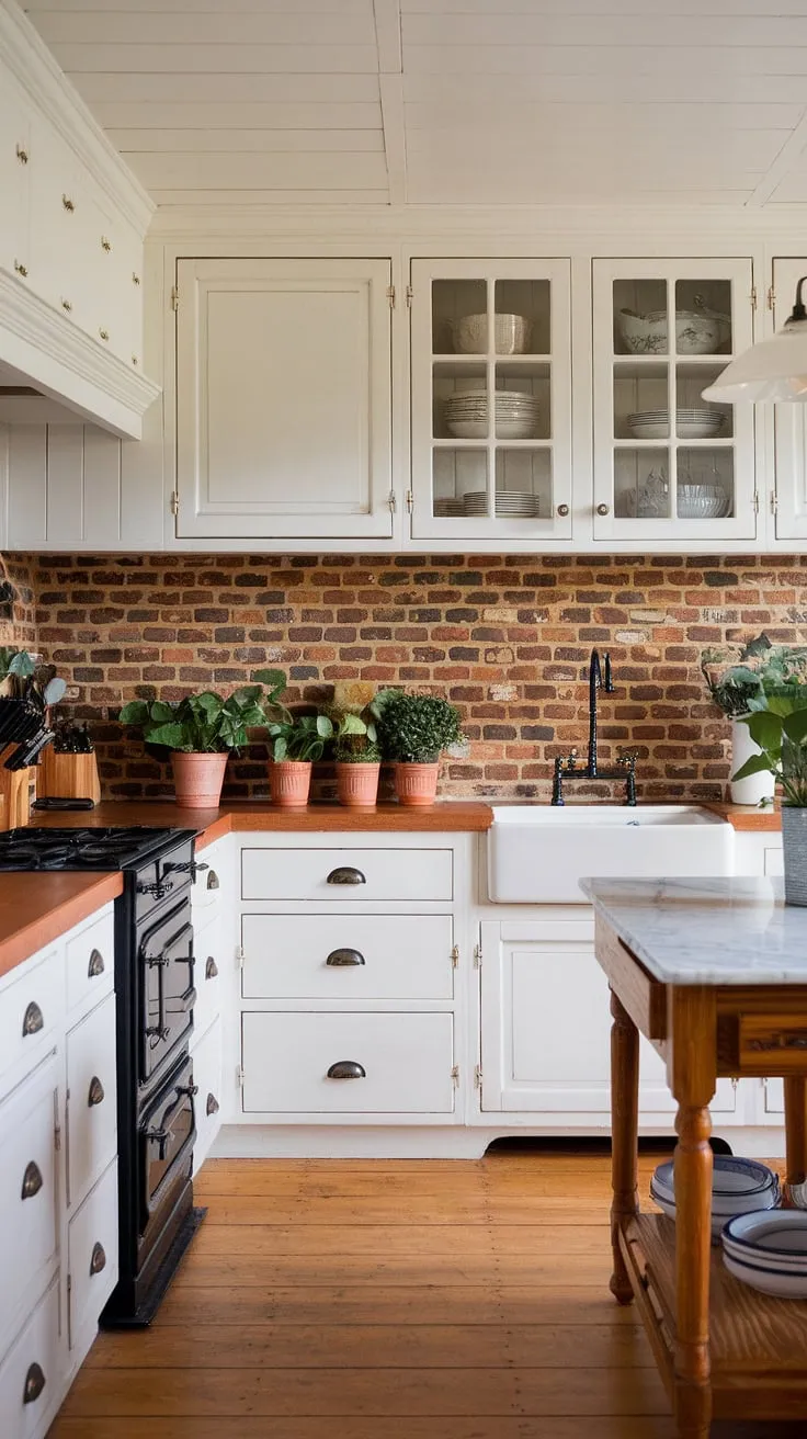 This kitchen is a testament to the enduring appeal of farmhouse style. The rich red brick backsplash, extending from countertop to cabinets, adds a layer of warmth and character. Paired with sleek white cabinetry and a black stove, the design is both timeless and effortlessly chic. The wooden island with its marble top completes the look, creating a space that's as functional as it is beautiful.