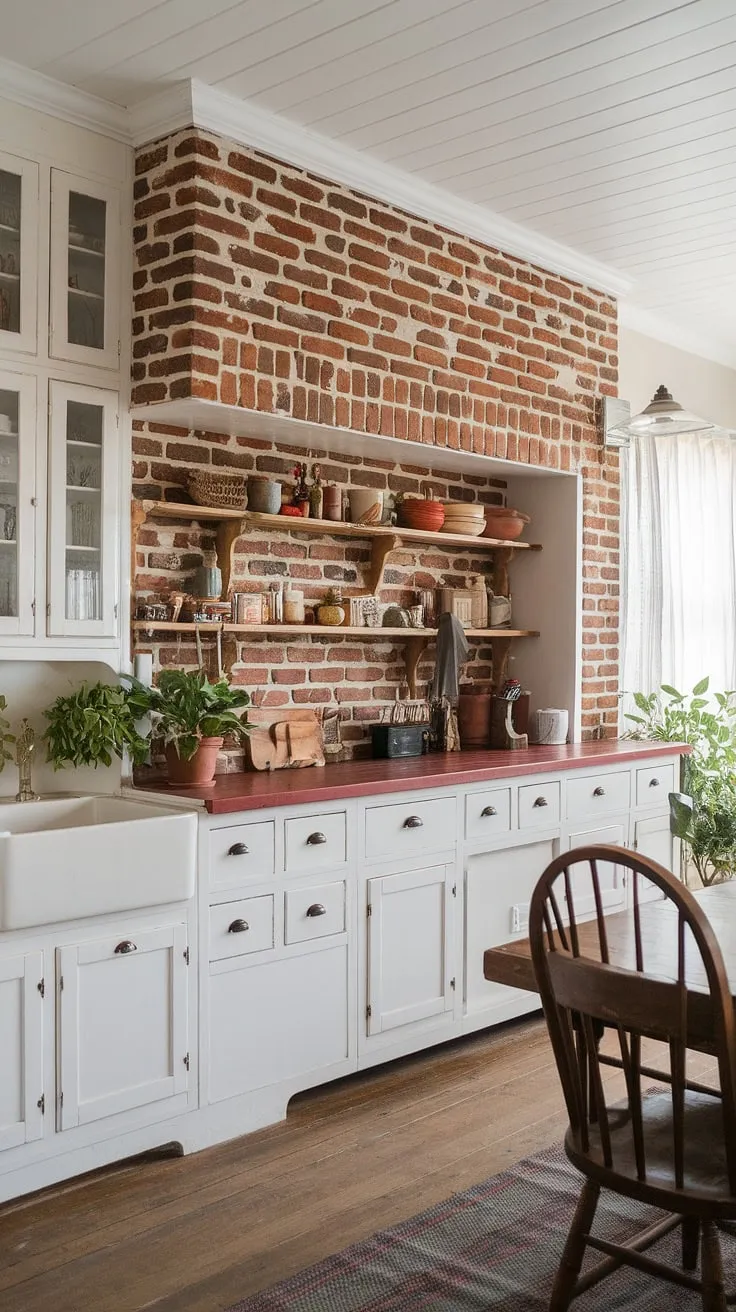 A testament to timeless design, this kitchen seamlessly marries the clean lines of white cabinetry with the rustic charm of a full-height red brick backsplash. The wooden floors and farmhouse table complete the picture, creating a space that's both functional and aesthetically pleasing. A true haven.