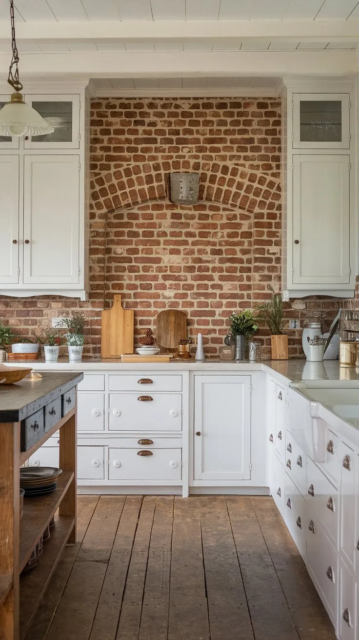 Sunlight streams into this farmhouse kitchen, illuminating the aged wooden floors and the warm glow of the red brick backsplash. A dark wood island provides a grounding element against the bright white cabinets, creating a space that's both inviting and functional. A testament to timeless design.