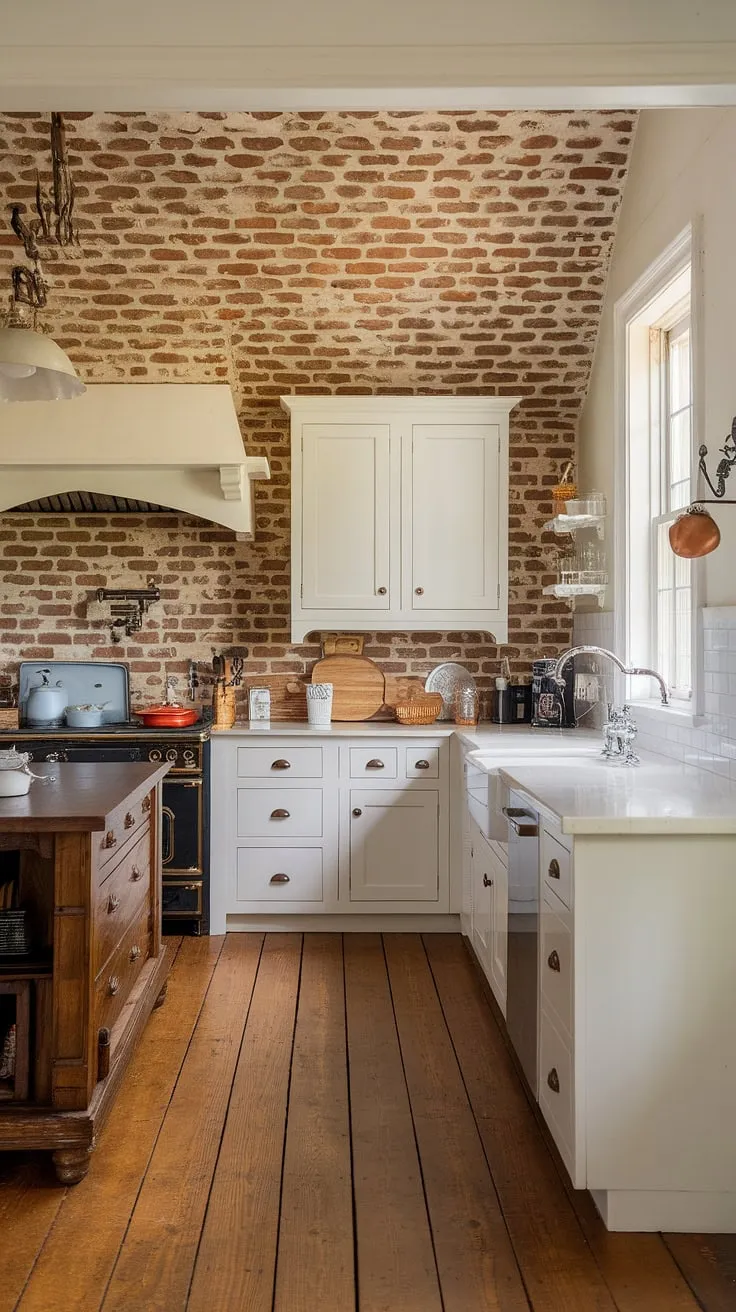 This kitchen's unique character shines through in the unexpected detail: a red brick backsplash that climbs to the ceiling, adding rustic charm to the bright white cabinetry. The dark wood island and wide plank floors complete the look, creating a cozy and functional space perfect for family gatherings.