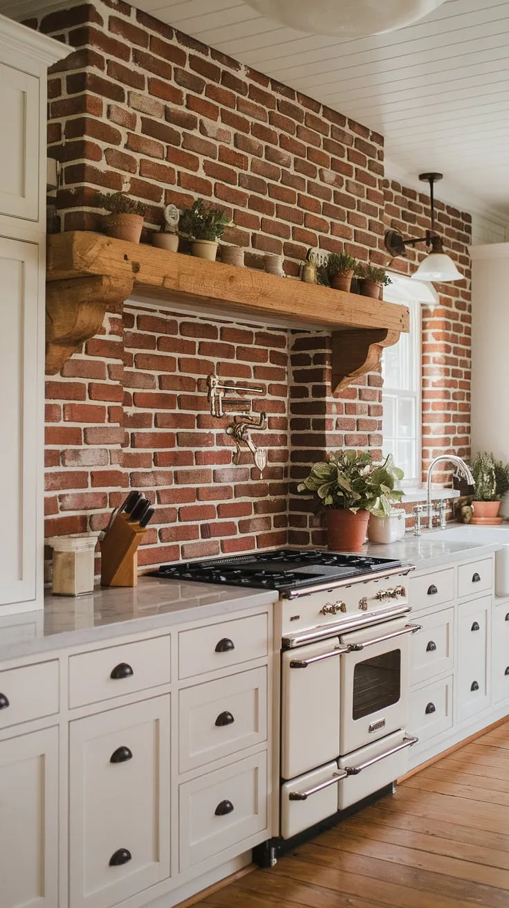 Rustic charm meets modern simplicity in this farmhouse kitchen. The striking red brick backsplash, extending from countertop to ceiling, adds warmth and character, beautifully complemented by the crisp white cabinets and wood floors. A touch of greenery on the wooden shelf above the stove completes the inviting atmosphere. A truly delightful space.