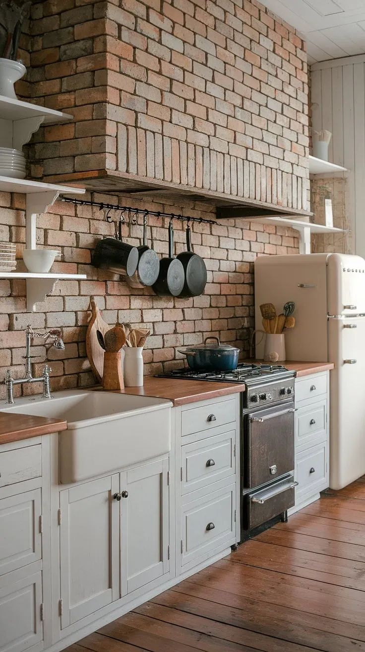 Rustic charm meets modern convenience in this farmhouse kitchen. The weathered red brick backsplash adds a touch of history, while the crisp white cabinets keep the space feeling bright and airy. A perfect blend of old and new. A