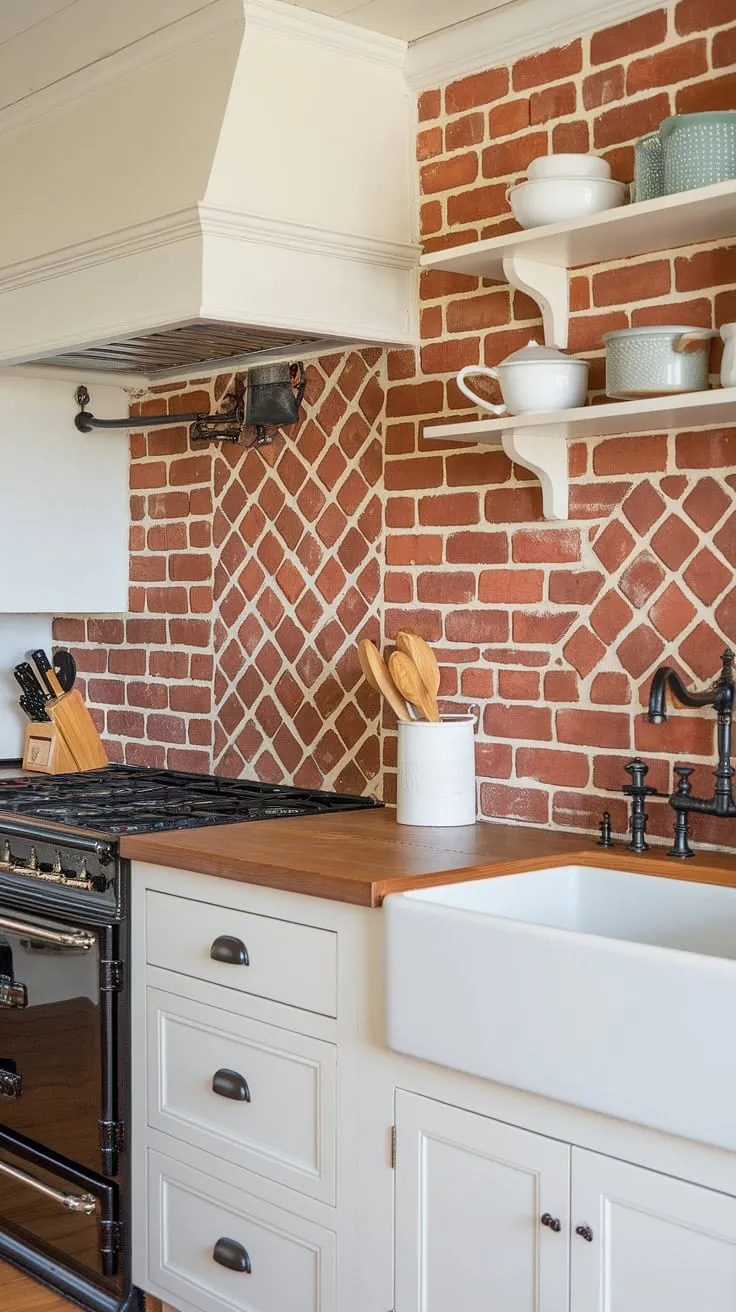 This kitchen renovation is a beautiful blend of old and new. The handcrafted herringbone brick backsplash, a project showcasing a creative spirit, perfectly complements the clean lines of the white cabinetry and creates a space that's both stylish and inviting.