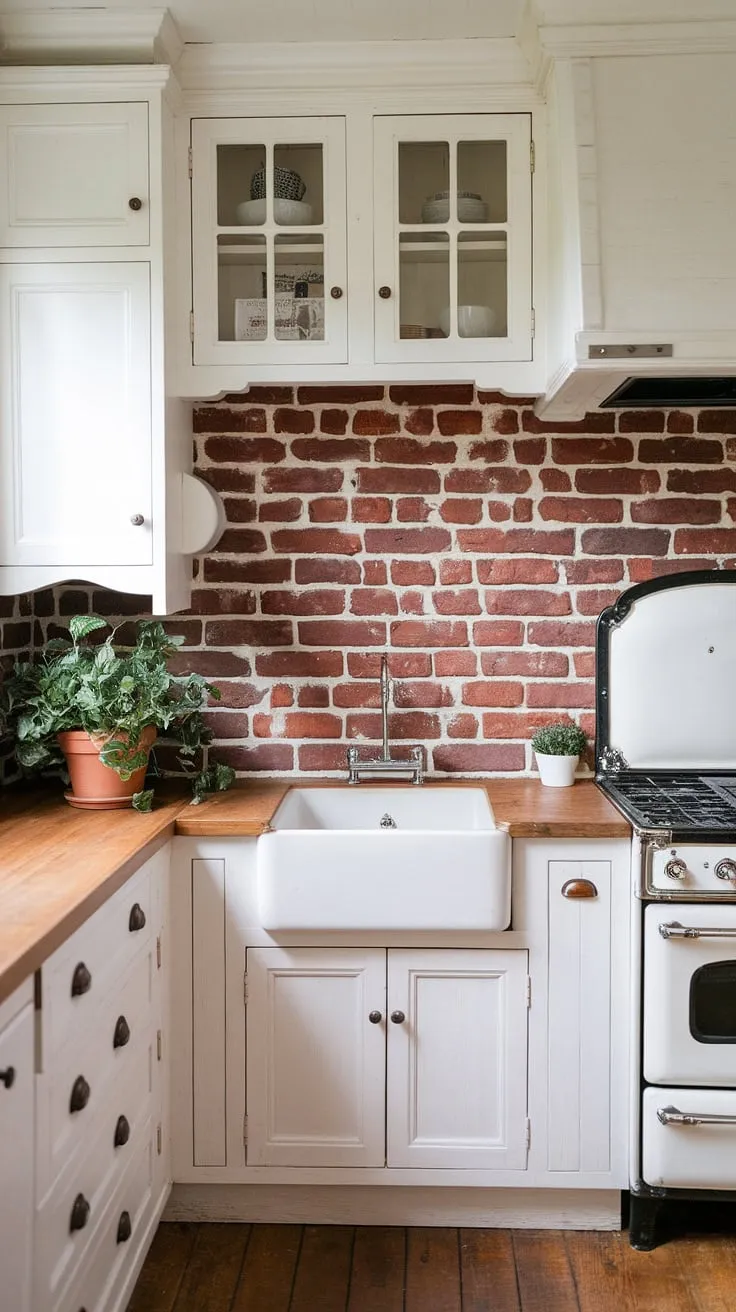 Rustic charm meets modern simplicity in this farmhouse kitchen. The warm wood countertops and floors contrast beautifully with the crisp white cabinets and the vibrant red brick backsplash, creating a space that's both inviting and stylish. A touch of greenery adds to the homey atmosphere.