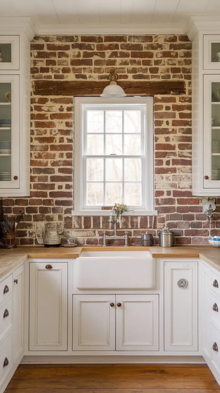The warmth of the wood floors and the rustic charm of the red brick backsplash create a cozy atmosphere in this farmhouse kitchen; the white cabinets offer a clean contrast, perfectly balancing the textures and tones. A perfect blend of rustic and refined.