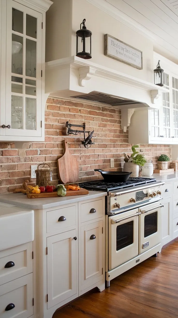 Sunlight streams into this charming farmhouse kitchen, illuminating the white cabinets and rustic brick backsplash. A weathered wooden cutting board, laden with fresh vegetables, sits beside a seasoned cast iron skillet – the perfect setting for creating memories and a simple pleasures.