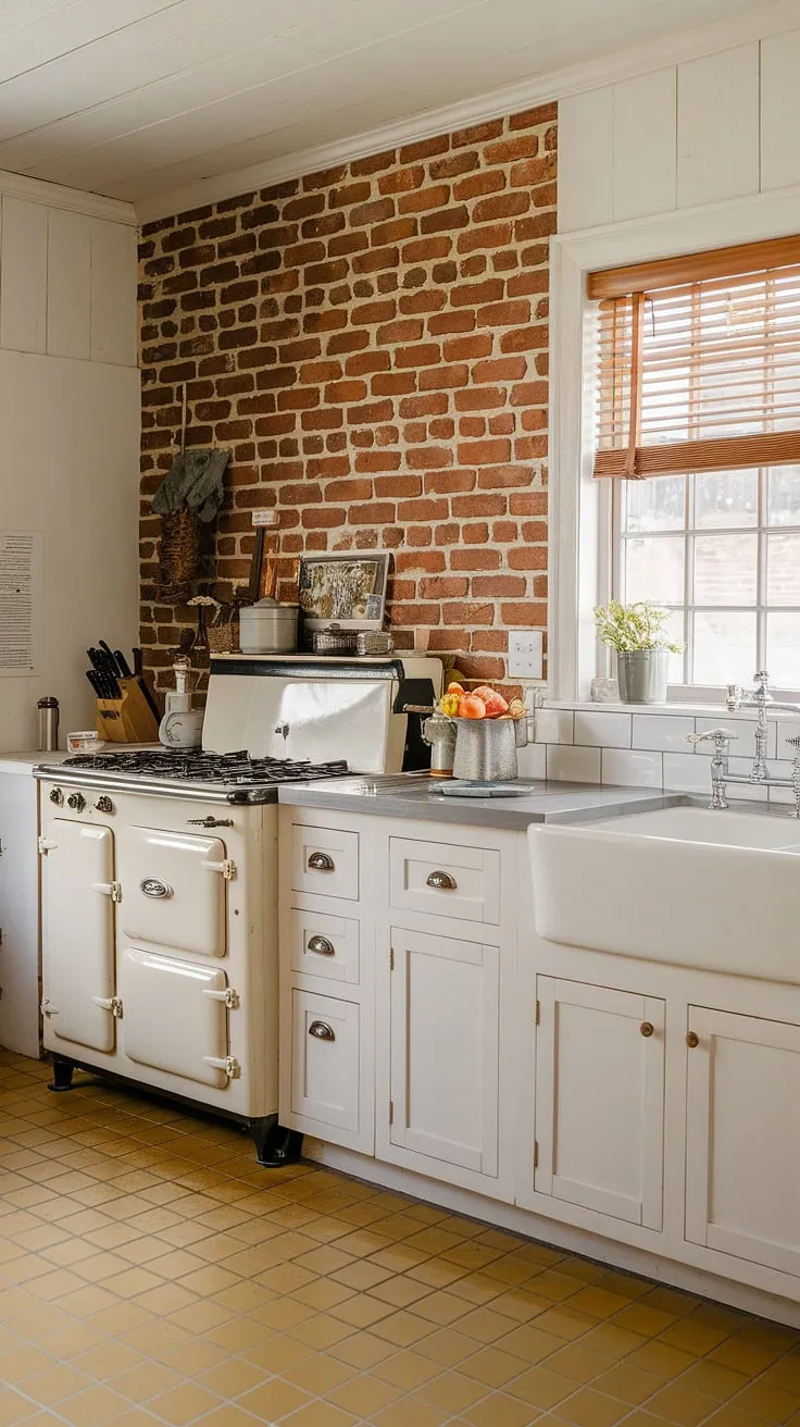 This kitchen renovation is a beautiful blend of vintage and contemporary. A's handiwork shines through in the stunning red brick backsplash, a DIY project that elevates the entire room, creating a cozy and inviting atmosphere. The yellow floor tiles and vintage stove add to the farmhouse aesthetic.