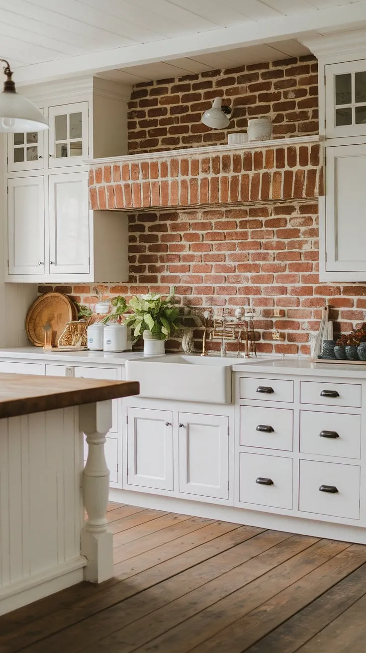 Sunlight streams into this charming farmhouse kitchen, illuminating the aged red brick backsplash and the rich wood of the island. A simple yet elegant design, it's a testament to the beauty of understated style and the enduring appeal of a well-loved space.