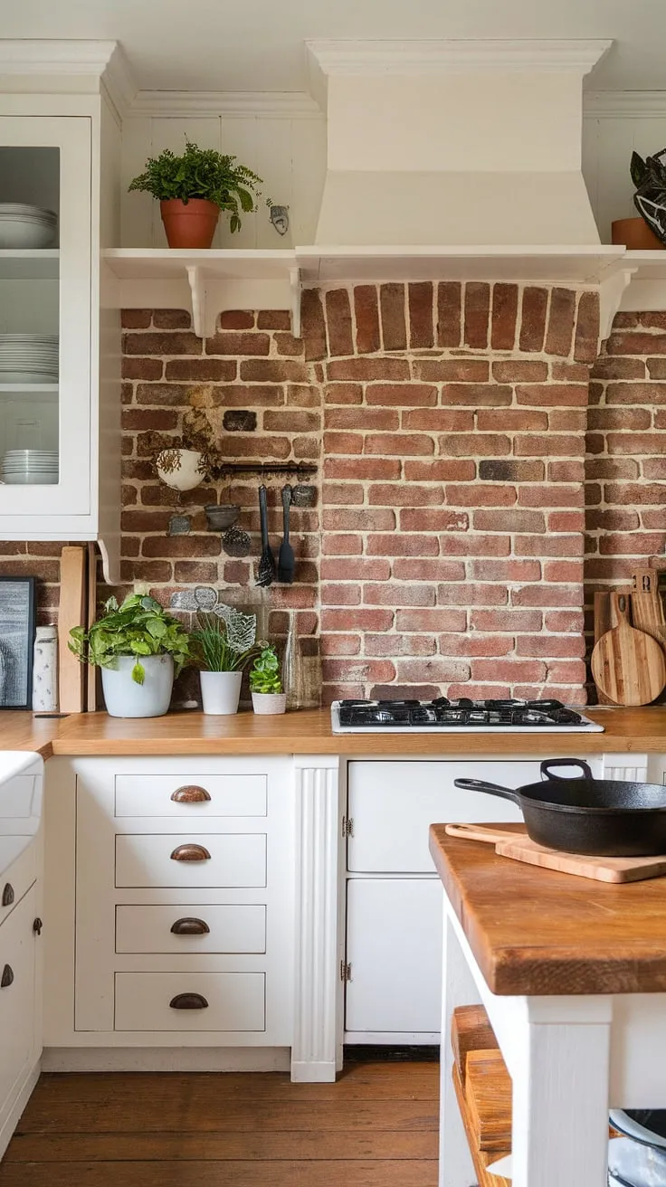 This kitchen whispers tales of generations past. The weathered brick backsplash, a beautiful tapestry of history, is the perfect backdrop for the bright white cabinets and sturdy wooden island. Simple yet elegant, it's a space where memories are made, one delicious meal at a time, with the comforting presence of a well-loved cast iron skillet.