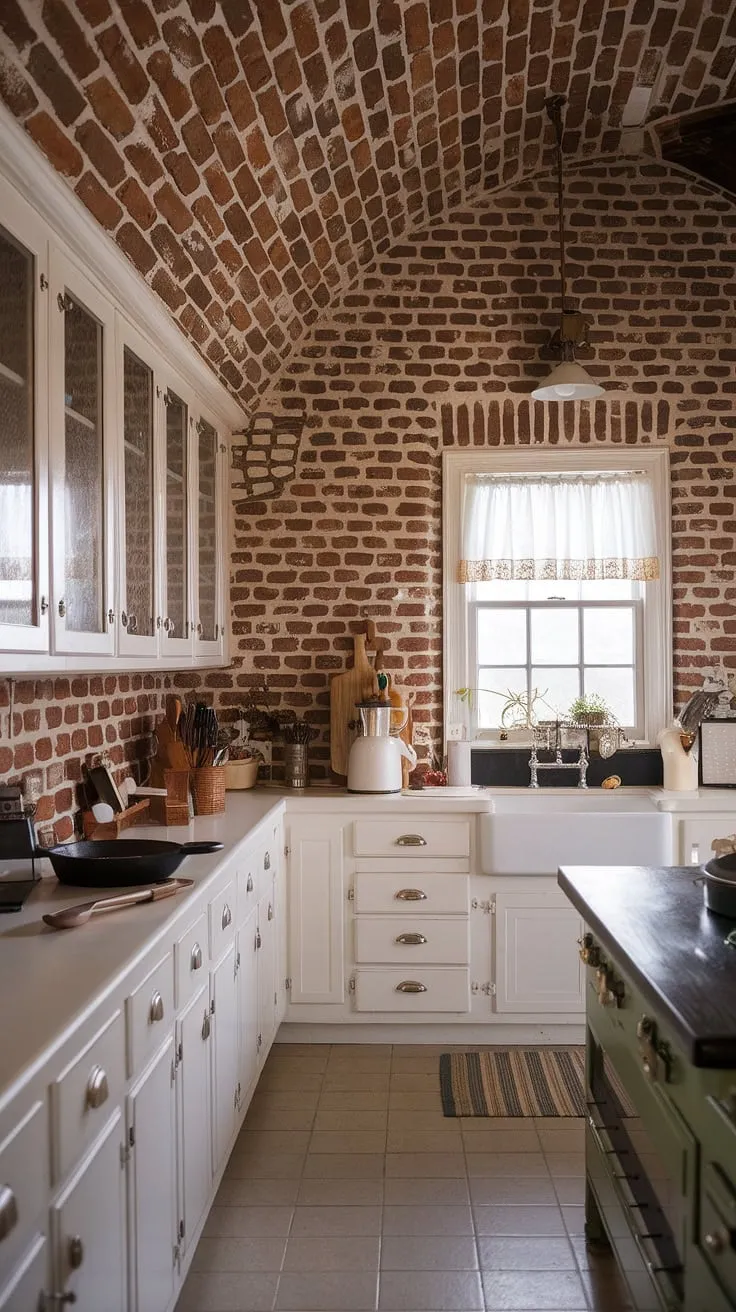 This kitchen's captivating red brick backsplash, reaching the ceiling, is the heart of its design. The white cabinetry provides a clean contrast, while the vintage touches-a well-worn cast iron skillet and wooden spoon-add a touch of rustic charm. A cozy window and warm lighting complete this inviting space, making it the perfect place to gather and create lasting memories.