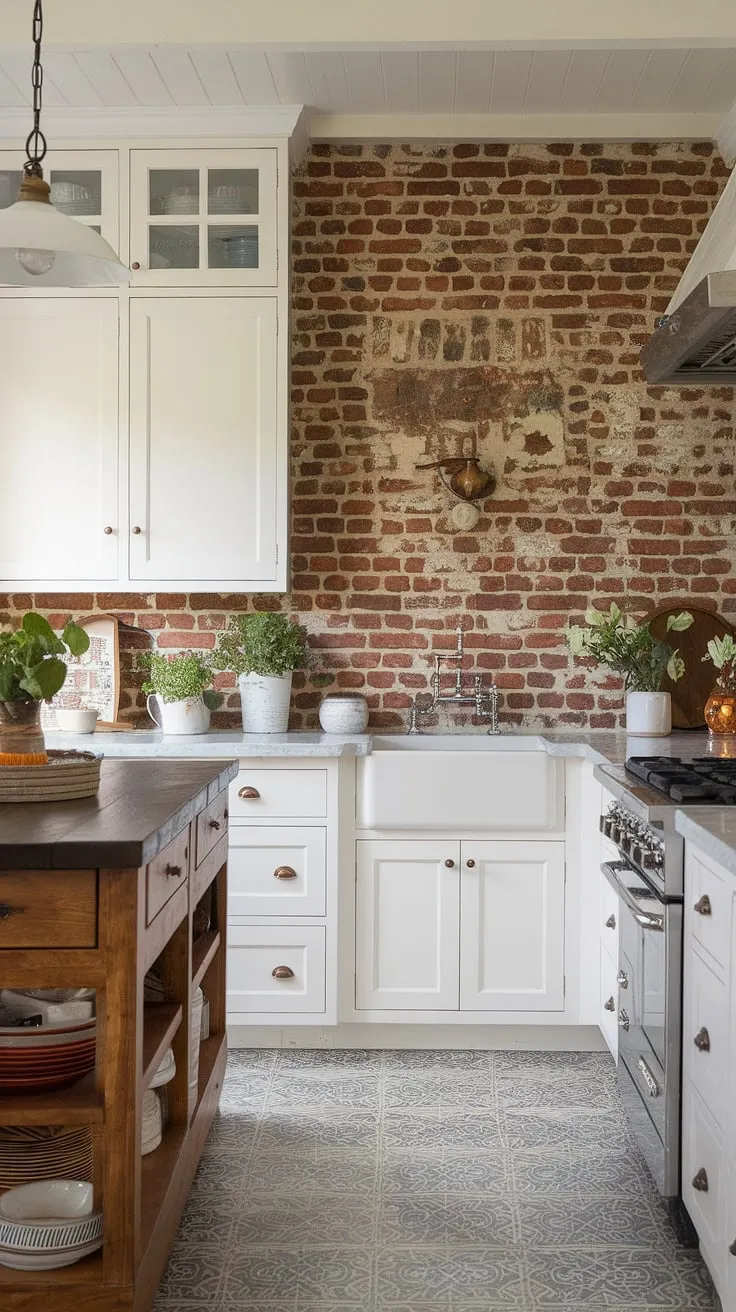 This kitchen is a testament to timeless design. The worn red brick backsplash, a beautiful display of a rustic charm, contrasts beautifully with the sleek stainless steel appliances and patterned tile floor. Every detail, from the wooden island to the potted plants, contributes to its inviting and cozy atmosphere.