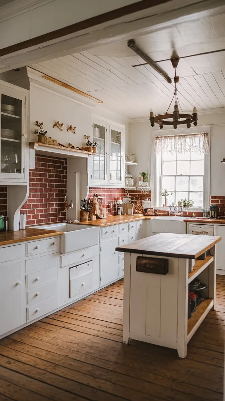 Warmth and charm fill this farmhouse kitchen, where white cabinets shine against a rustic red brick backsplash. The wooden island, bathed in the glow of a vintage chandelier, is the heart of the home, a perfect spot for gathering and creating memories. A glimpse of the outside world through the window adds to the inviting atmosphere. A sense of peaceful country living is palpable in every detail.