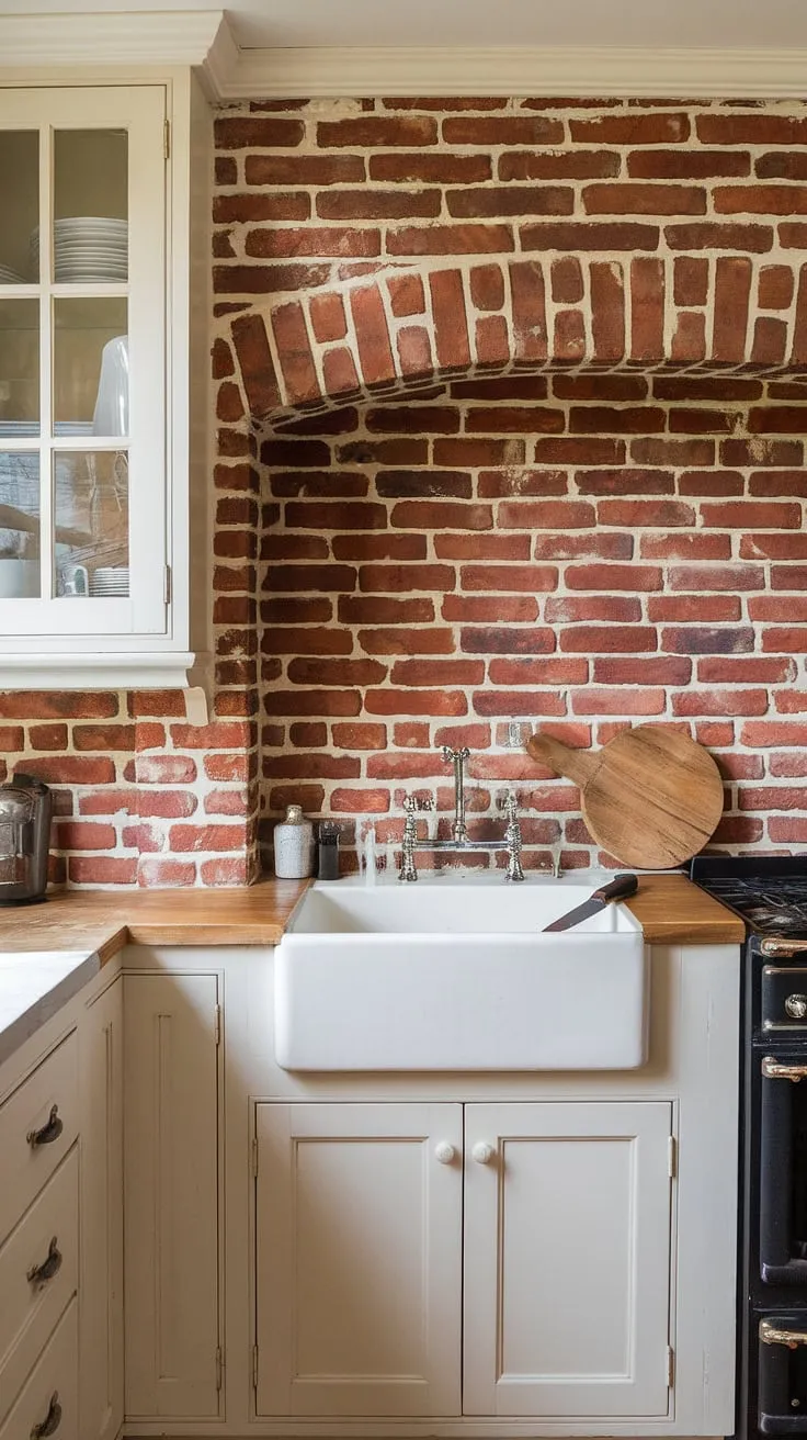 The warmth of aged brick meets the clean lines of white cabinetry in this farmhouse kitchen. A simple wooden cutting board and knife hint at the delicious stories yet to be cooked within these walls. The heart of the home, truly.