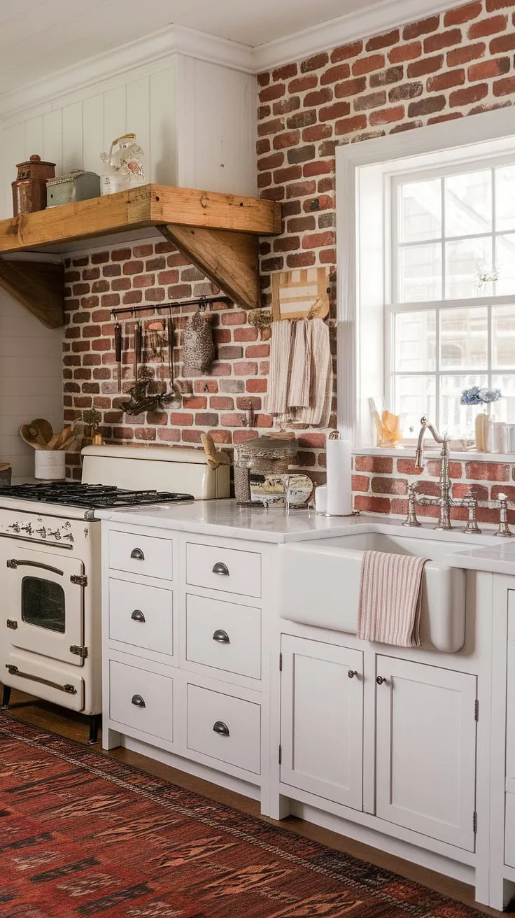 A labor of love, this kitchen renovation showcases the magic of a DIY projects. The red brick backsplash, a striking contrast to the white cabinets, adds character and warmth, perfectly complementing the vintage appliances and charming rustic details.