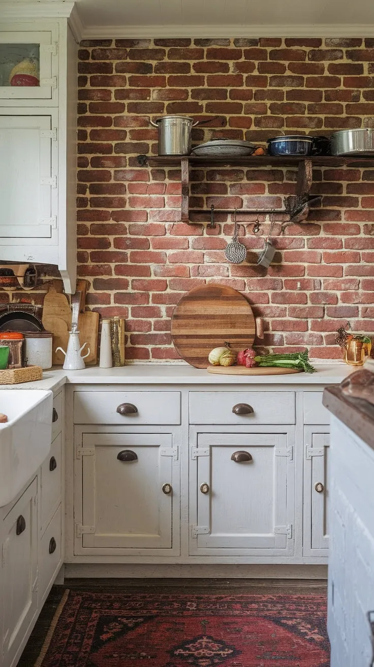 Sunlight streams into this charming farmhouse kitchen, illuminating the aged red brick backsplash and the colorful vegetables awaiting preparation. A vintage rug softens the floor, adding to the cozy, lived-in feel. A space where culinary traditions are nurtured and cherished moments unfold.