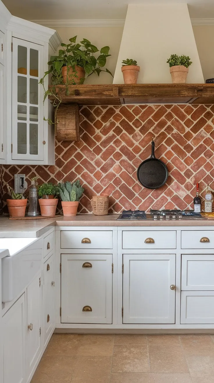 Warmth radiates from this farmhouse kitchen, where the diagonal red brick backsplash adds a vibrant pop against the crisp white cabinets. A vintage cast iron skillet sits proudly on the wooden shelf, hinting at delicious meals to come, all within a space that feels both charming and effortlessly stylish. The beige tile floor completes the inviting, homey atmosphere.