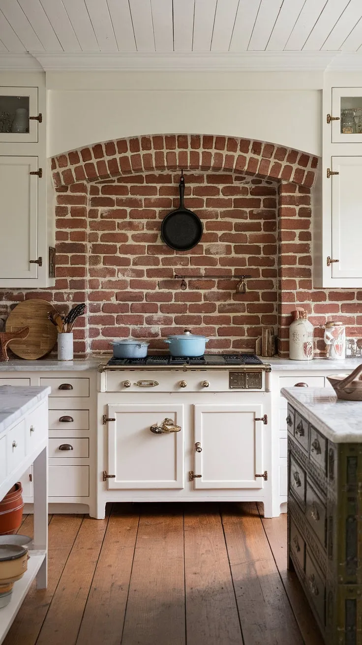 This kitchen's charm lies in its rustic details: a striking red brick backsplash a that climbs the walls, a marble-topped island, and wide plank wood floors. The vintage feel is perfectly balanced by the clean white cabinetry, creating a space that's both inviting and stylish.