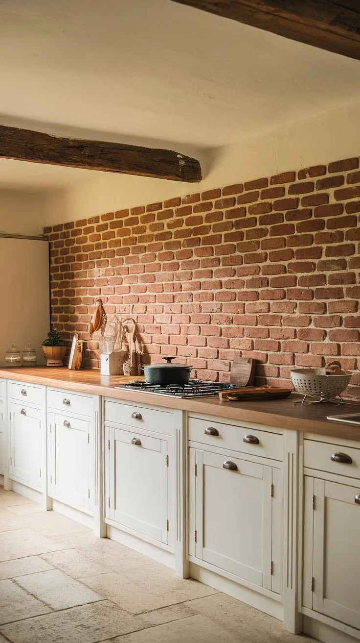 The warmth of the farmhouse shines through in this kitchen, where the red brick backsplash, extending all the way to the ceiling beam, creates a rustic charm. A simple wooden spoon rests beside a pot, hinting at home-cooked meals and cherished moments.