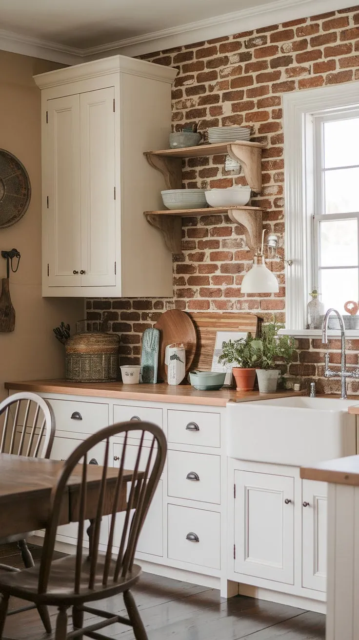 This kitchen whispers stories of generations past. The aged red brick backsplash, a testament to time, creates a cozy and inviting atmosphere alongside the white cabinets and rustic wooden furniture. A space where memories are made.