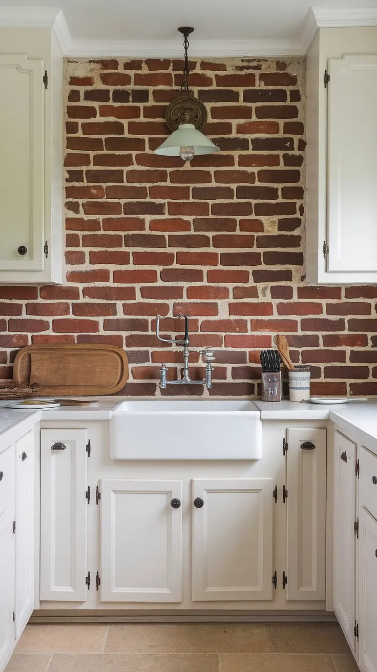 Warmth, character, and a touch of rustic charm fill this farmhouse kitchen. The imperfect brick backsplash, a testament to a history and handmade details, adds a unique personality to the space.