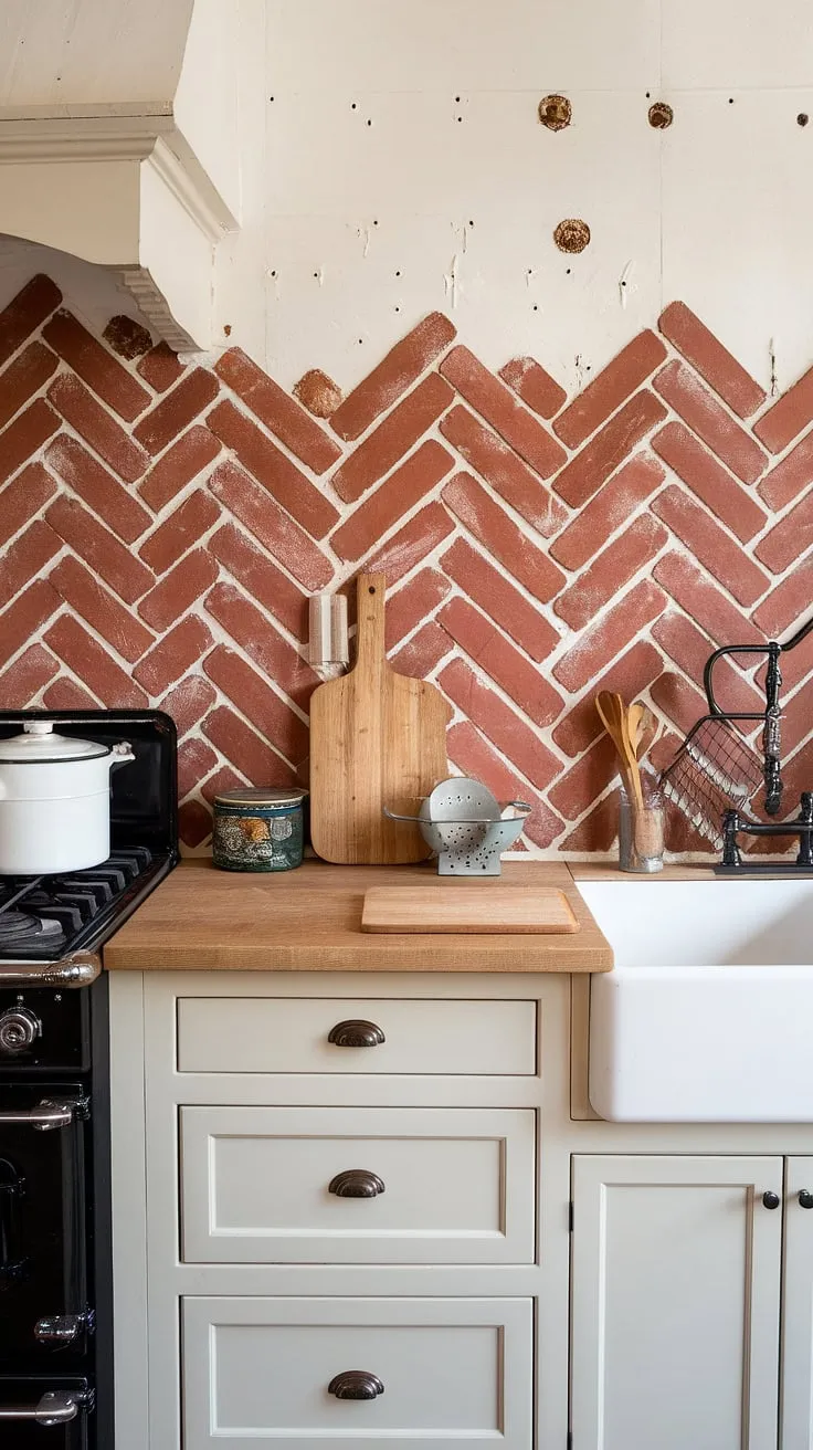 This farmhouse kitchen's charm is undeniable, from the imperfectly perfect herringbone brick backsplash-a testament to DIY dedication-to the crisp white cabinets and the warmth of the wooden cutting board. The red brick adds a pop of color that's both rustic and refined, a perfect blend of old-world charm and modern functionality. A labor of love, clearly.