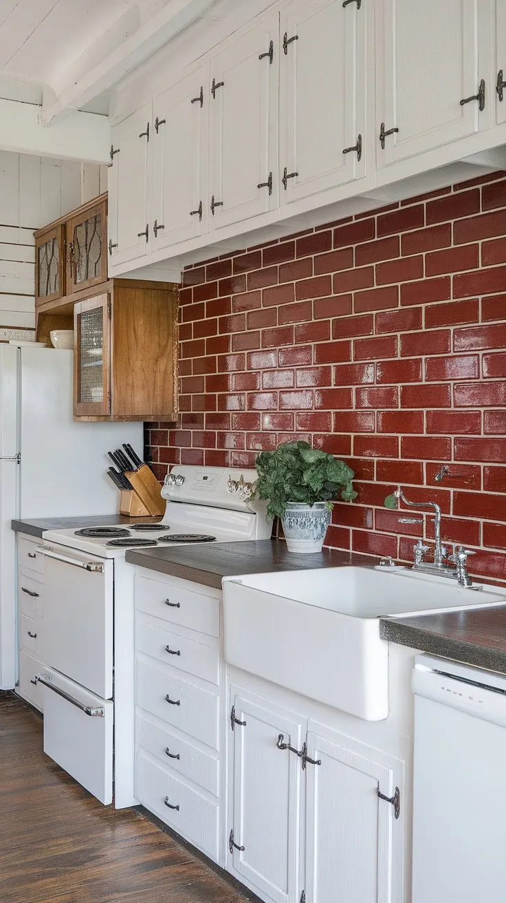 Rustic charm meets modern convenience in this farmhouse kitchen. The white cabinets and sleek grey countertops create a clean contrast against the warm red brick backsplash, a perfect blend of textures and styles. A touch of greenery adds life to the space.