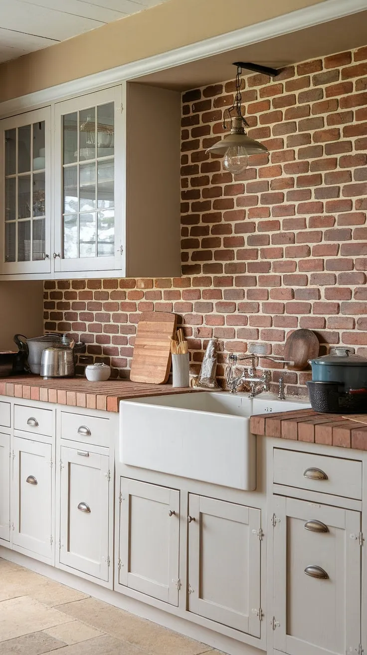 This kitchen's heart beats with the rhythm of home-cooked meals. The red brick backsplash, a vibrant accent against the creamy cabinets, speaks to a love of simple living. Every detail, from the vintage light fixture to the wooden cutting board, whispers stories of family and comfort. A space where memories are made, one delicious meal at a time.