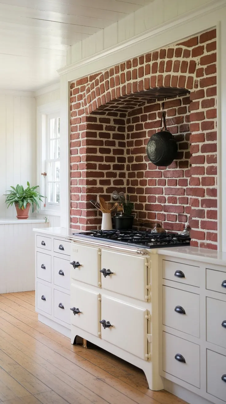 The heart of the home: a bright, airy farmhouse kitchen with a stunning red brick backsplash. The individual bricks, carefully laid, create a unique and textured focal point against the clean white cabinets. A simple yet stylish pot hangs above the stove, completing the picture of comfortable, inviting living. This kitchen is a testament to the beauty of blending old and new.