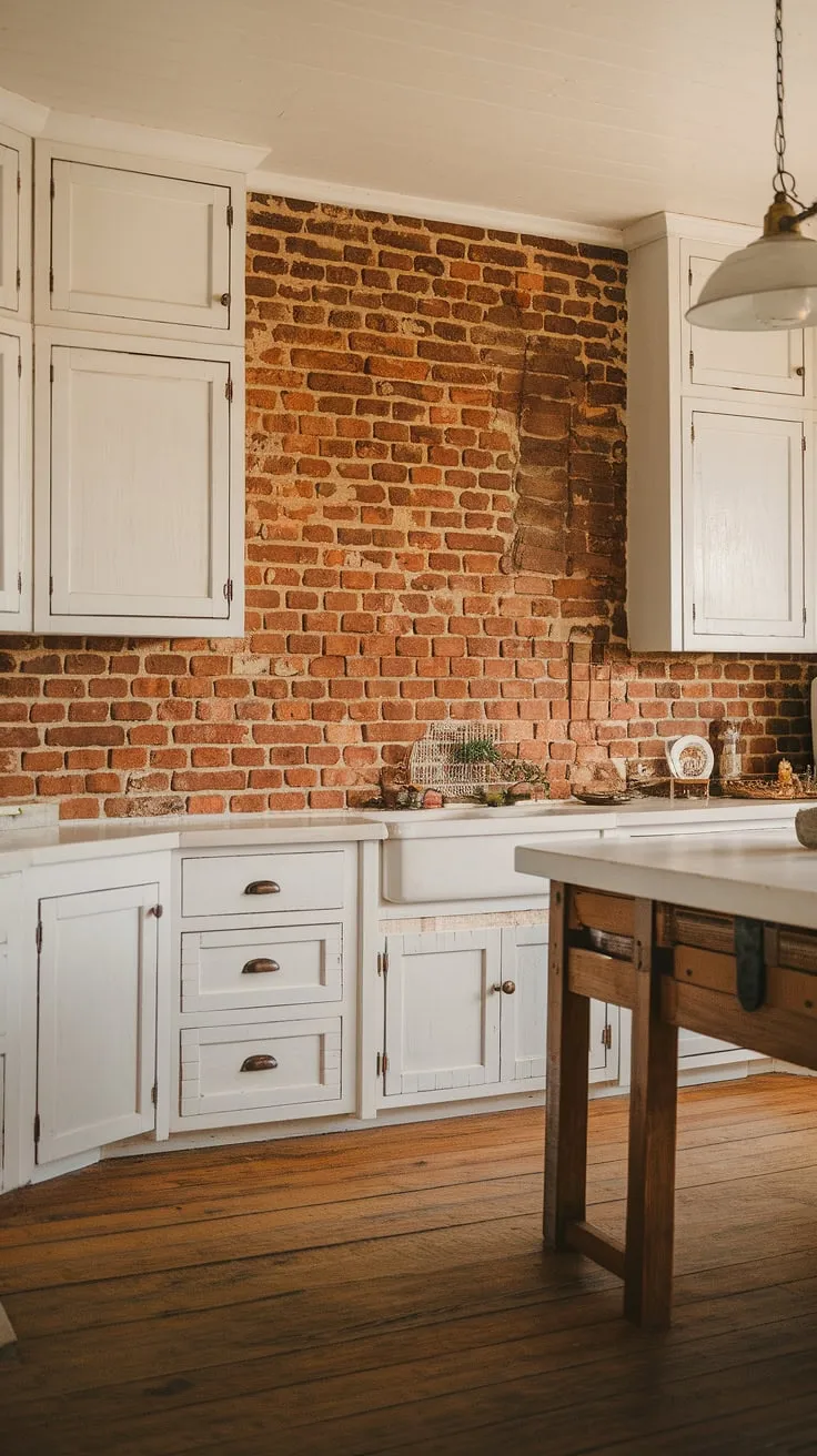 This farmhouse kitchen is a testament to timeless design. A stunning red brick backsplash adds character and texture, while the white cabinets create a bright and airy feel. The wooden island and floors complete the rustic aesthetic, creating A truly inviting space for family and friends.