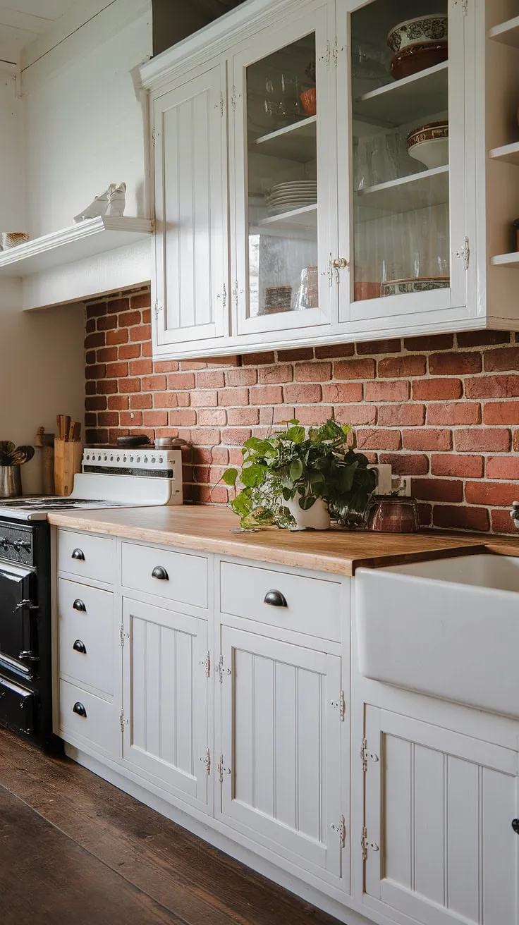 This kitchen seamlessly blends the best of old and new. The classic white cabinets and black stove are balanced beautifully by the rich wood countertops and a striking red brick backsplash. The dark wood floors ground the space, creating a warm and inviting heart of the home.