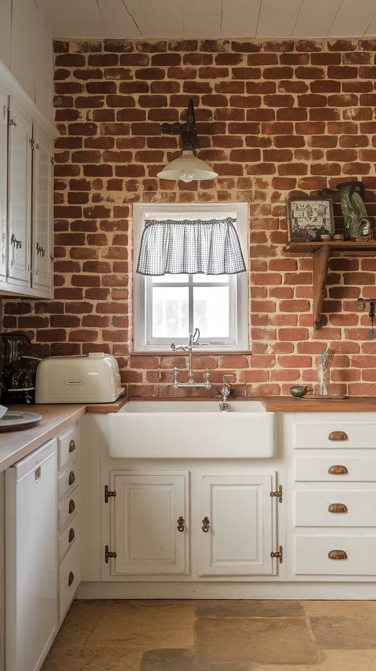 This kitchen's story is written in its details: the worn red brick backsplash, the charming checkered curtain, and the vintage light fixture above the sink. A perfect blend of old and new, this space exudes warmth and character. The white cabinets provide a bright backdrop to the rustic brick, creating a balanced and inviting atmosphere. A cozy haven for culinary adventures.