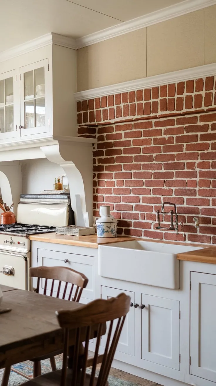 Rustic charm meets modern practicality in this farmhouse kitchen. The DIY red brick backsplash adds a touch of warmth and character, perfectly complementing the vintage stove and white cabinets. A testament to the beauty of simple things, this space effortlessly blends old-world appeal with contemporary functionality. The creamy walls and wooden table complete the inviting atmosphere. A