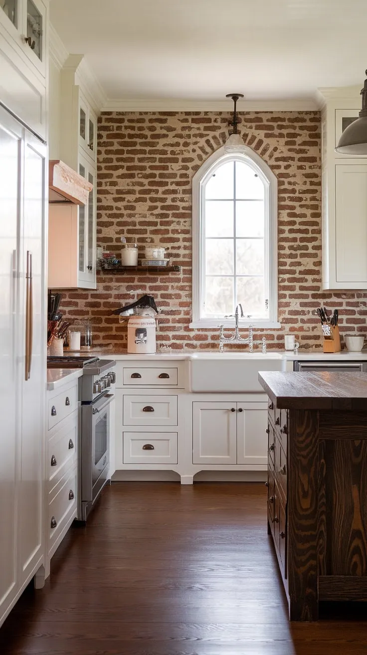 This kitchen is a testament to timeless design. The aged red brick backsplash adds a layer of history and texture, beautifully complemented by the sleek white cabinetry and dark wood island. The unique window and warm lighting create a truly inviting atmosphere, a space where memories are made.