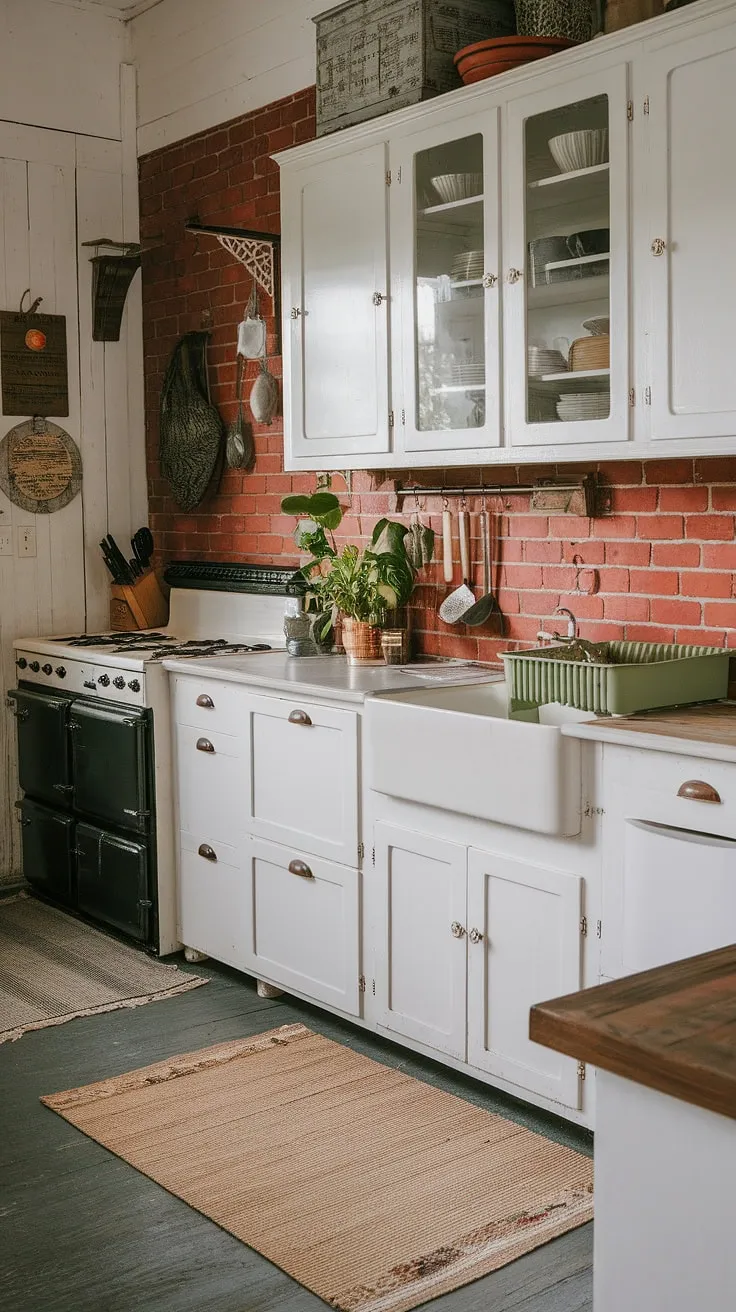 The exposed red brick backsplash adds a touch of rustic charm to this bright and airy farmhouse kitchen. White cabinets and countertops create a clean, classic look, while the black stove and wooden utensils add a touch of warmth and character. A simple green dish rack and potted plant bring a touch of life to the space, making it feel both functional and inviting. The overall effect is a kitchen that's both beautiful and a comfortable.