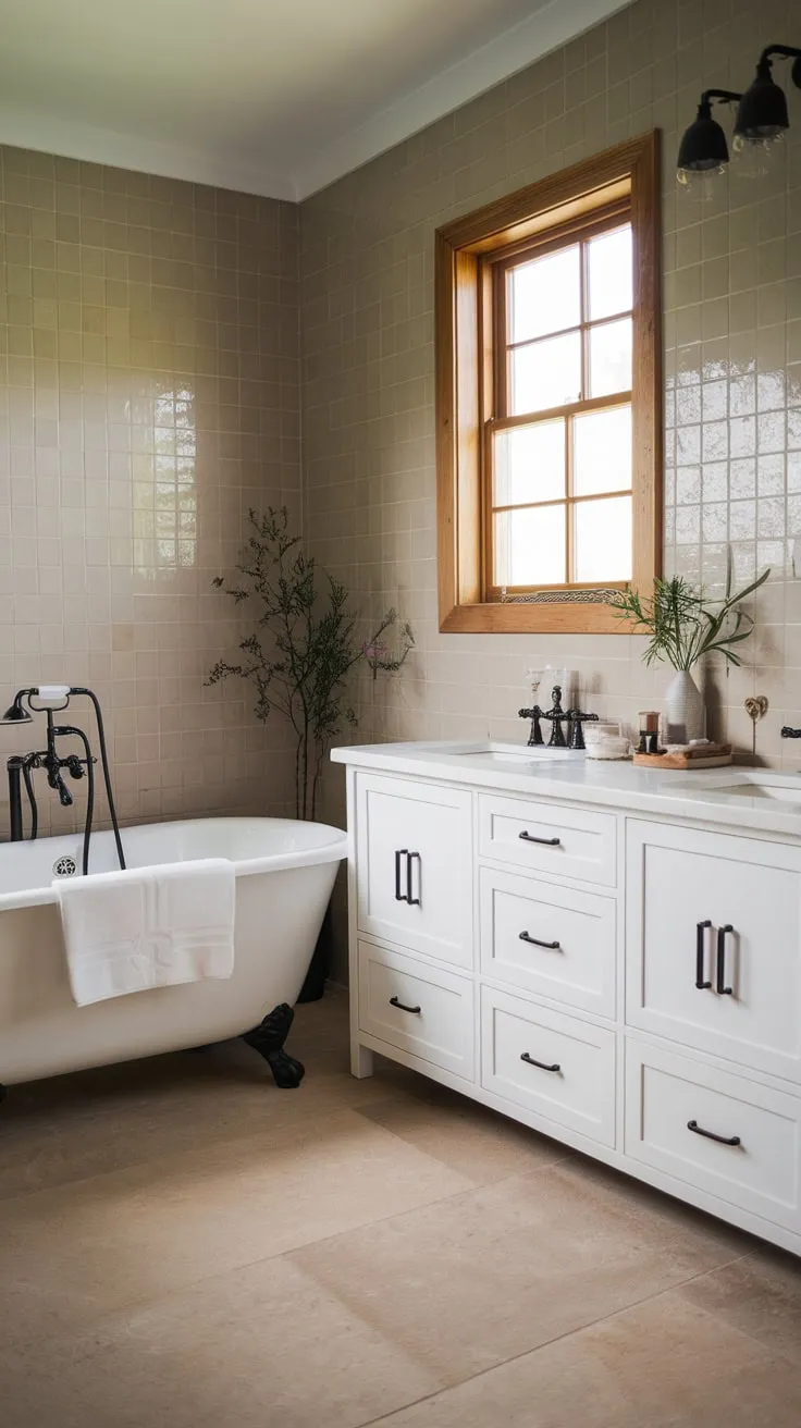 Cozy modern farmhouse charm fills a beige-tiled bathroom featuring a white double vanity, black faucet, and a windowed view.
