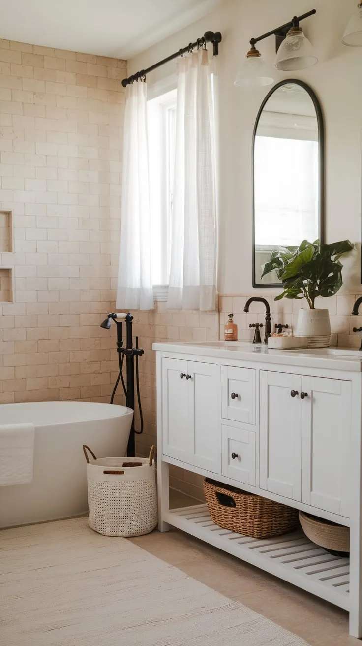 A serene modern farmhouse bathroom boasts a white soaking tub, double vanity, and black accents against a backdrop of beige tile and natural light.
