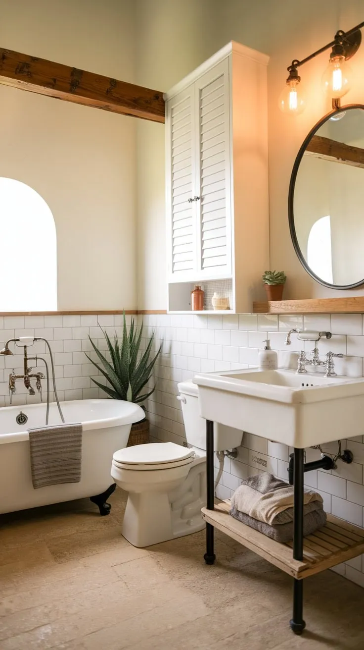 A serene modern farmhouse bathroom features a white bathtub, vintage faucet, and wooden details, bathed in warm light.